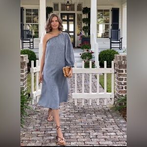 LAKE Milly One Sleeve Linen Dress Blue Small